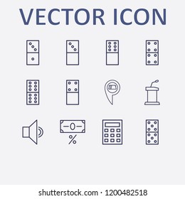 Outline 12 balance icon set. taxes, location cash withdrawal, calculator, tribune, domino and sound vector illustration