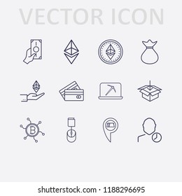 Outline 12 banking icon set. money with hand, online book order, location cash withdrawal, ethereum, ethereum coin, network bitcoin, money bag, online mining, ethereum with