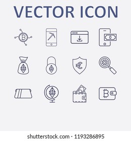 Outline 12 banking icon set. bitcoin wallet, mobile payment, ethereum lock, money shield, search setting and card withdrawal vector illustration