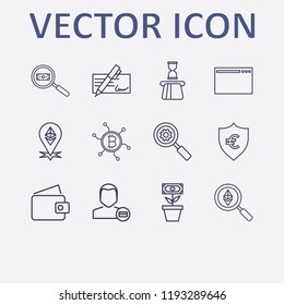 Outline 12 banking icon set. cheque, wallet, flower money, ethereum search, user payment and browser vector illustration