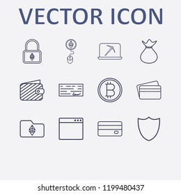 Outline 12 banking icon set. ethereum coin with mouse, ethereum folder, money check, browser, wallet and credit card vector illustration