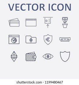 Outline 12 banking icon set. money tree plant, browser, ethereum folder, ethereum, wallet and money shield vector illustration