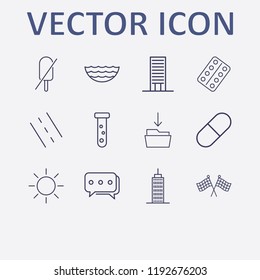 Outline 12 blue icon set. flag, sun, tube, download in folder, road and sea vector illustration