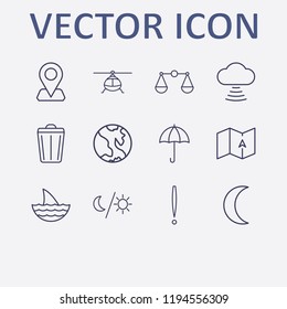 Outline 12 blue icon set. moon, moon and sun, location, cloud signal, map and earth vector illustration