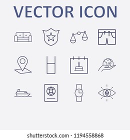 Outline 12 blue icon set. ethereum with eye, ship, shor, watch, police badge and foreign passport vector illustration