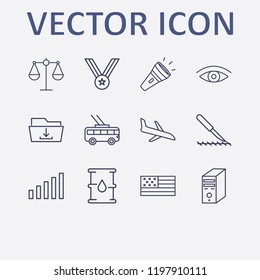 Outline 12 blue icon set. medal, balance, scalpel, plane landing, flashlight and usa flag vector illustration