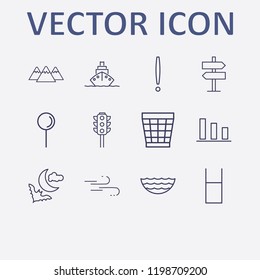 Outline 12 blue icon set. exclamation, ship, road sign, water glasses, mountain and chart vector illustration