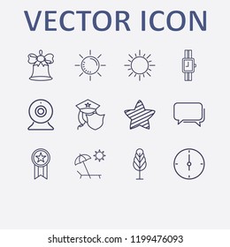 Outline 12 blue icon set. wrist watch, award, sun, webcam, bell and bubble chat vector illustration