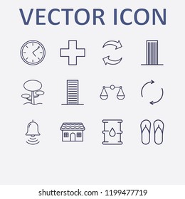 Outline 12 blue icon set. building, bell, balance, plus, tree and clock vector illustration