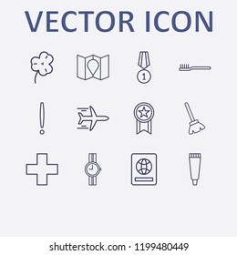 Outline 12 blue icon set. broom, wrist watch, plus, tooth paste, map and medal vector illustration