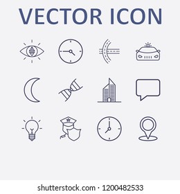 Outline 12 blue icon set. clock, ethereum with eye, building, location, police car and road vector illustration