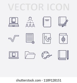 Outline 12 book icon set. phone , businessman organized, folder, notebook, square root, online reading, add document, pencil, ethereum with book and palette vector illustration