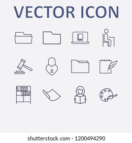 Outline 12 book icon set. heart lock, palette, read the book, pupil, notebook feather pen and gavel vector illustration