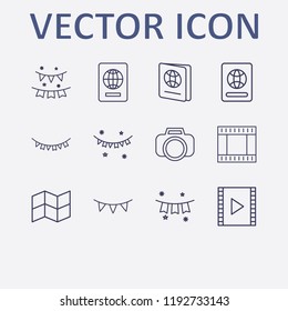 Outline 12 border icon set. foreign passport, garlands, map, photo camera, garland and film strip vector illustration