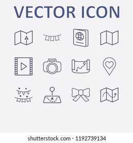 Outline 12 border icon set. foreign passport, love location, garlands, old map, bow and map vector illustration