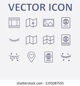 Outline 12 border icon set. picture, foreign passport, map, garland, film strip and love location vector illustration