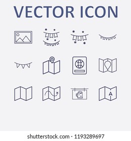 Outline 12 border icon set. garland, garlands, foreign passport, beer billboard, map and picture vector illustration