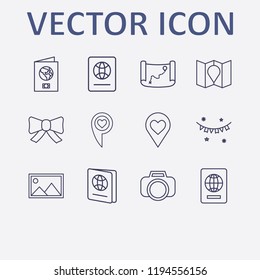 Outline 12 border icon set. old map, bow, picture, photo camera, map and garland vector illustration