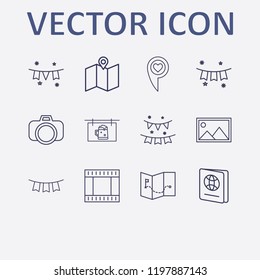 Outline 12 border icon set. photo camera, love location, garlands, foreign passport, garland and map vector illustration