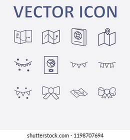 Outline 12 border icon set. garlands, ribbon, bow, garland, map and foreign passport vector illustration