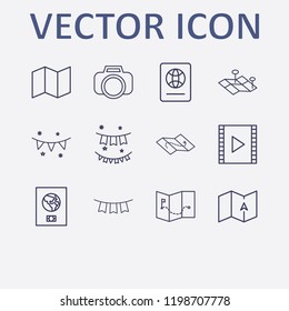 Outline 12 border icon set. film strip, garland, garlands, foreign passport, map and photo camera vector illustration