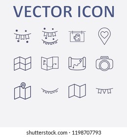 Outline 12 border icon set. love location, map, photo camera, old map, beer billboard and garland vector illustration
