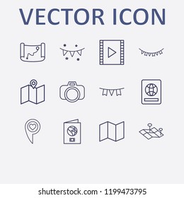Outline 12 border icon set. love location, photo camera, film strip, old map, garlands and foreign passport vector illustration