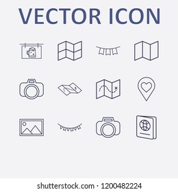 Outline 12 border icon set. photo camera, picture, foreign passport, garland, map and love location vector illustration