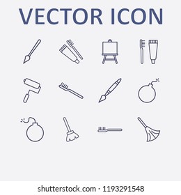 Outline 12 brush icon set. painting board, paint roller, broom, bomb, paint brush and toothbrush and toothpaste vector illustration