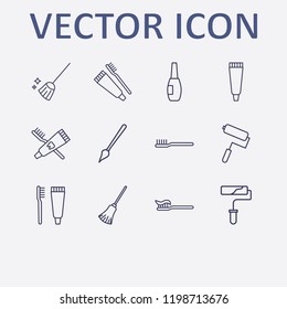 Outline 12 brush icon set. nail brush, broom, paint brush, toothbrush, toothbrush and toothpaste and tooth paste vector illustration