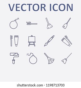 Outline 12 brush icon set. bomb, toothbrush and toothpaste, paint brush, toothbrush, broom and painting board vector illustration