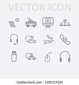 Outline 12 cable icon set. handset remove, mouse, usb, trolleybus, electric car, monitor with media player, hand with handset, solar battery, lan network and headphone vector illustration