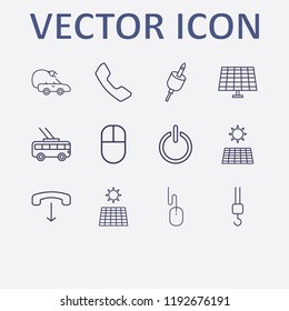Outline 12 cable icon set. solar battery, electric car, trolleybus, crane hook, handset and headset plug vector illustration