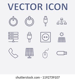 Outline 12 cable icon set. lan network, power, mouse, solar battery, server and handset vector illustration