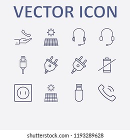 Outline 12 cable icon set. usb, no battery, headphone, hand with handset, handset and usb plug vector illustration