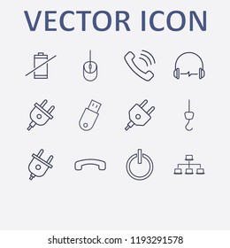 Outline 12 cable icon set. towing hook, handset down, lan network, handset, usb and no battery vector illustration