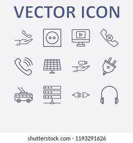 Outline 12 cable icon set. hand in usb, headphone, trolleybus, socket, hand with handset and server vector illustration