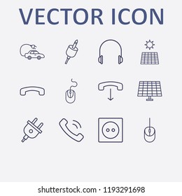 Outline 12 cable icon set. handset down, handset, headset plug, headphone, solar battery and plug vector illustration