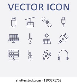 Outline 12 cable icon set. solar battery, handset remove, crane hook, funicular, plug and mouse vector illustration