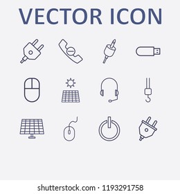 Outline 12 cable icon set. plug, solar battery, handset remove, crane hook, headphone and headset plug vector illustration
