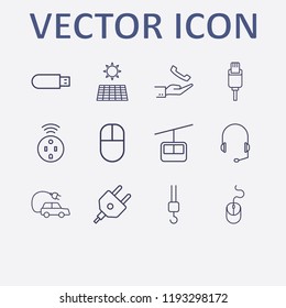 Outline 12 cable icon set. funicular, headphone, hand with handset, solar battery, smart plug and usb plug vector illustration
