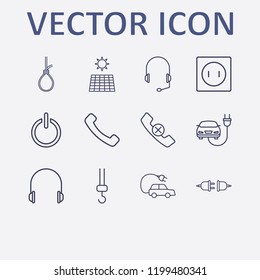 Outline 12 cable icon set. handset remove, power, crane hook, electric car, plug and suicide rope vector illustration
