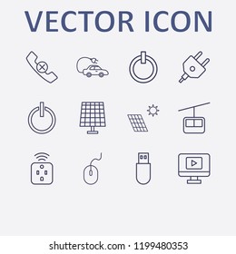 Outline 12 cable icon set. plug, solar battery, power, funicular, handset remove and monitor with media player vector illustration