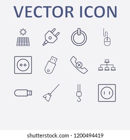 Outline 12 cable icon set. socket, crane hook, plug, lan network, mouse and handset remove vector illustration