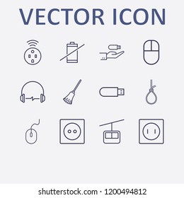 Outline 12 cable icon set. usb, broom, funicular, suicide rope, hand in usb and socket vector illustration
