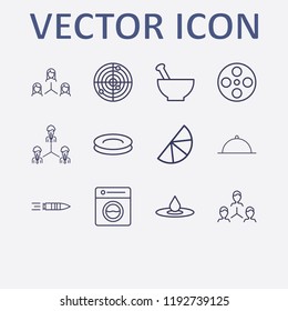 Outline 12 circle icon set. bowl, drop, bullet, movie roll, radar and lemon vector illustration
