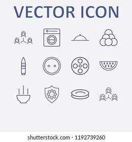 Outline 12 circle icon set. teamwork, washing machine, movie roll, dish, bullet and shield setting vector illustration