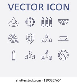 Outline 12 circle icon set. teamwork, shield setting, bowl, drop, bullet and target vector illustration