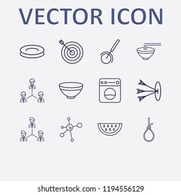 Outline 12 circle icon set. hub and spoke, plate, pizza cutter, teamwork, watermelon and suicide rope vector illustration