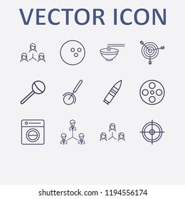 Outline 12 circle icon set. pizza cutter, lollipop, bowl, bullet, teamwork and movie roll vector illustration